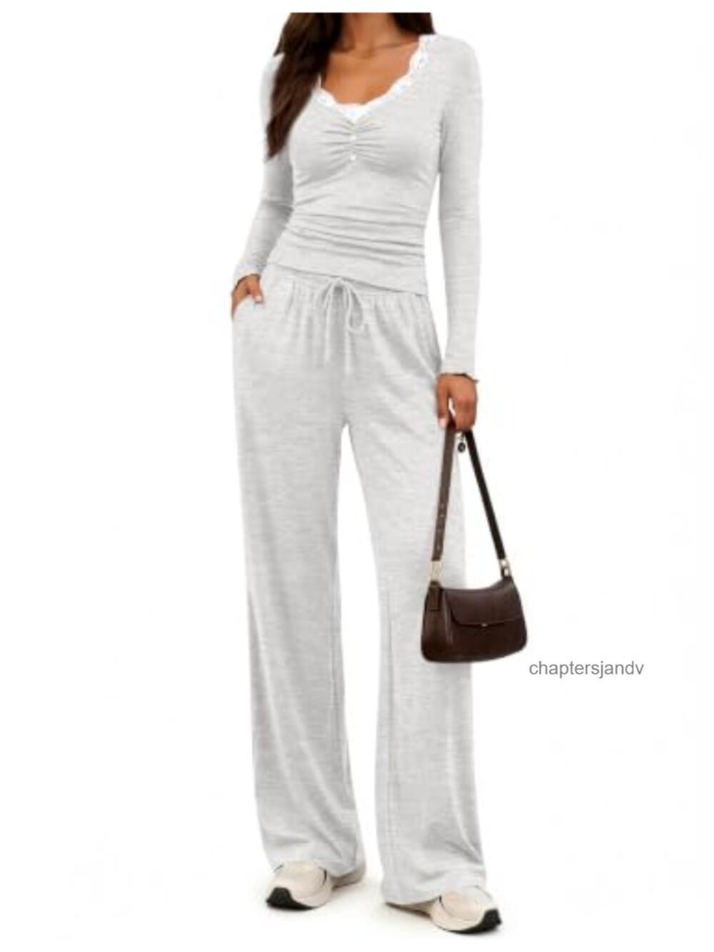 Women's 2 Piece Lounge Set Lace V-Neck Top Wide Leg Pants Drawstring